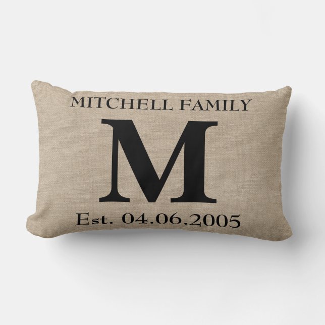 Monogram faux linen burlap rustic chic initial jut lumbar pillow (Front)