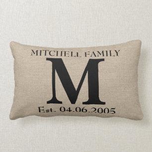 Monogram faux linen burlap rustic chic initial jut lumbar pillow