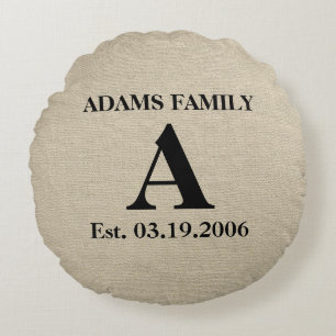 Monogram faux linen burlap rustic chic initial jut round pillow