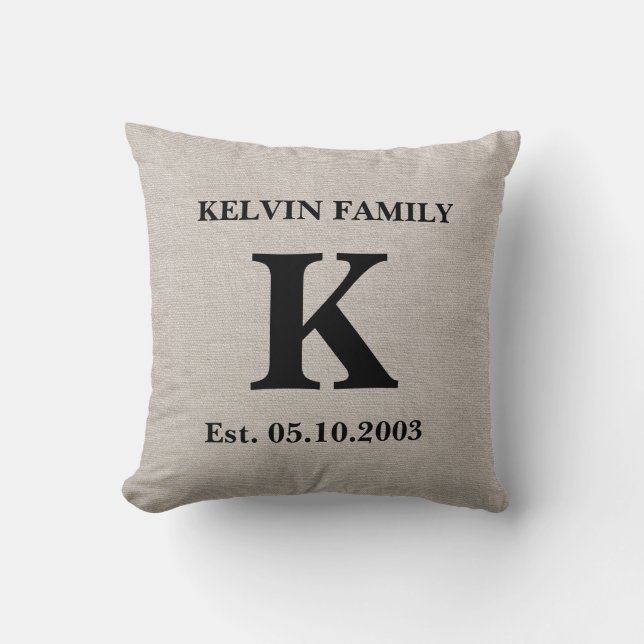 Monogram faux linen burlap rustic chic initial jut throw pillow (Front)