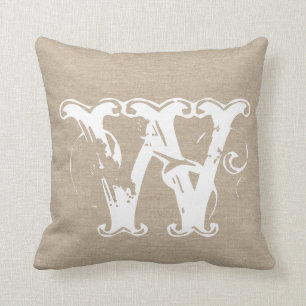 Monogram faux linen burlap rustic chic initial jut throw pillow