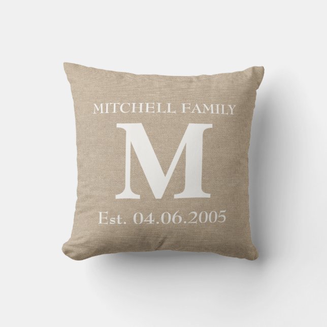 Monogram faux linen burlap rustic chic initial jut throw pillow (Front)