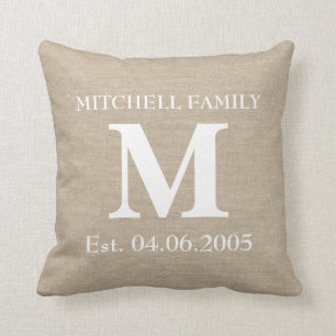 Monogram faux linen burlap rustic chic initial jut throw pillow