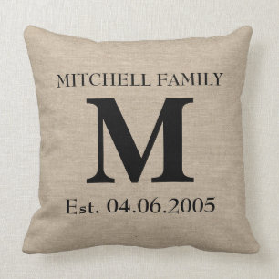 Monogram faux linen burlap rustic chic initial jut throw pillow