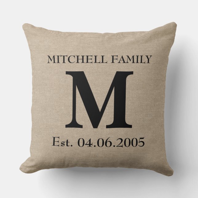 Monogram faux linen burlap rustic chic initial jut throw pillow (Front)