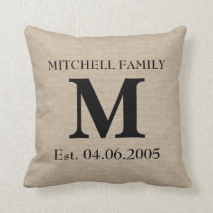 Monogram faux linen burlap rustic chic initial jut throw pillow