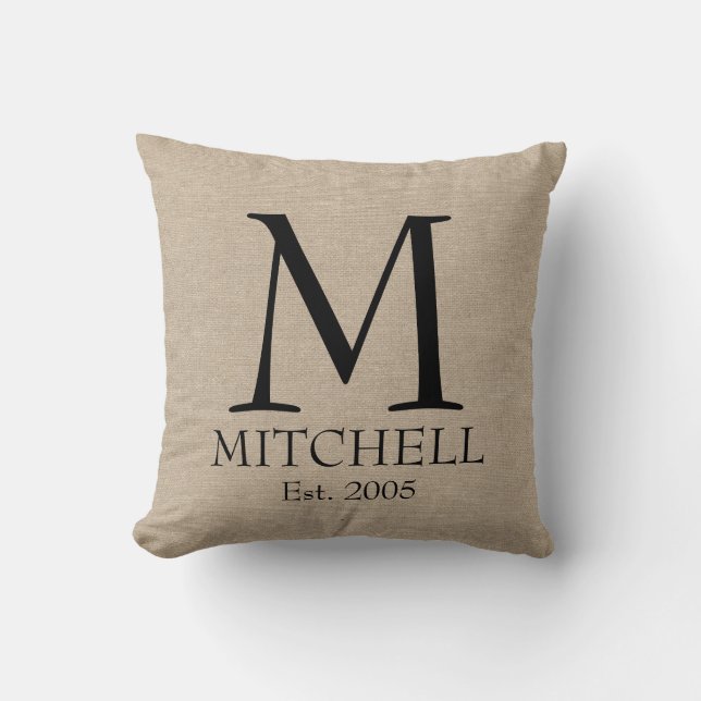 Monogram faux linen burlap rustic chic initial jut throw pillow (Front)
