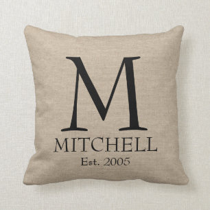 Monogram faux linen burlap rustic chic initial jut throw pillow