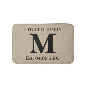 Monogram faux linen burlap rustic initial wedding bath mat