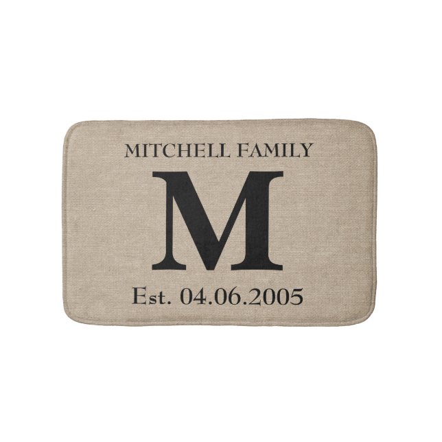 Monogram faux linen burlap rustic initial wedding bath mat (Front)
