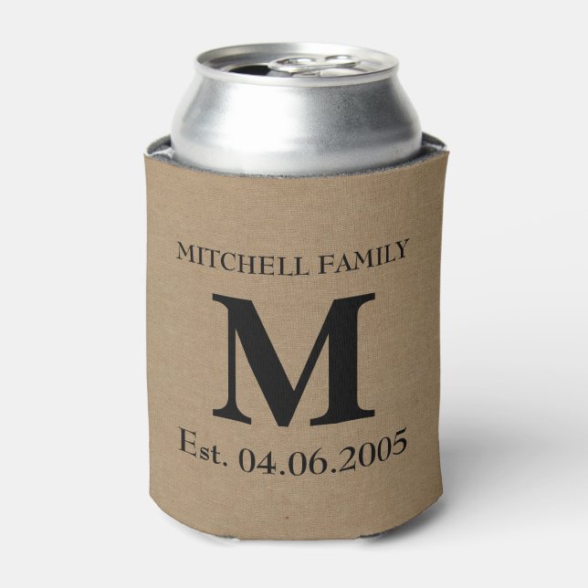 Monogram faux linen burlap rustic initial wedding can cooler (Can Front)