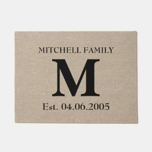 Monogram faux linen burlap rustic initial wedding doormat