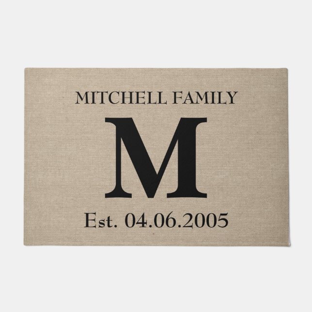 Monogram faux linen burlap rustic initial wedding doormat (Front)