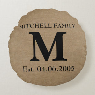 Monogram faux linen burlap rustic initial wedding round pillow