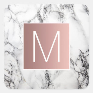 monogram faux rose gold and white on marble square sticker