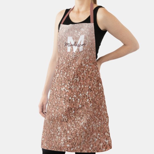 Monogram Faux Rose Gold Glitter Elegant Chic Apron Zazzleca 6580