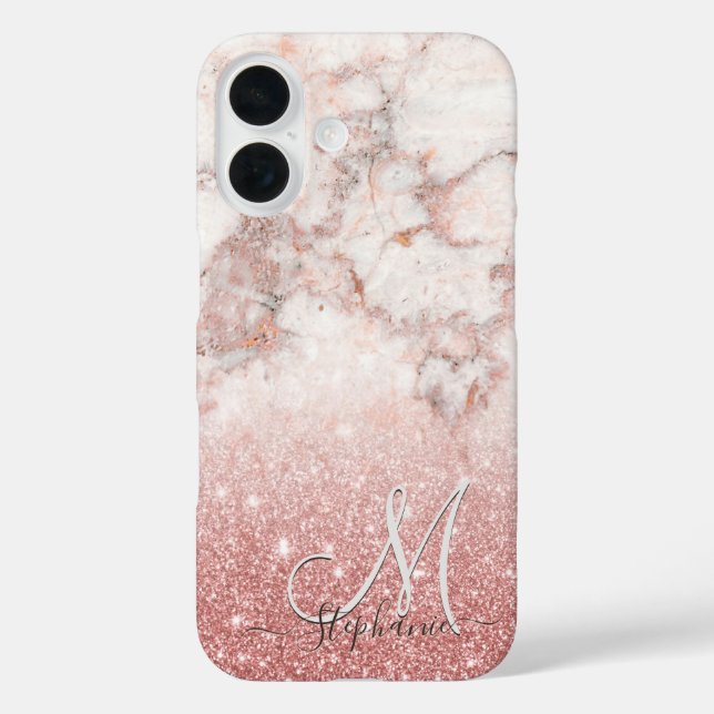 Monogram Faux Rose Gold Glitter White Marble Ombre Case-Mate iPhone Case (Back)