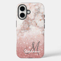 Monogram Faux Rose Gold Glitter White Marble Ombre