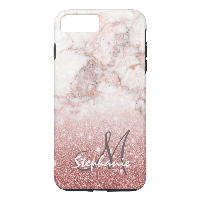 Monogram Faux Rose Gold Glitter White Marble Ombre Case-Mate iPhone Case (Back)