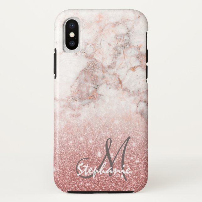 Monogram Faux Rose Gold Glitter White Marble Ombre Case-Mate iPhone Case (Back)