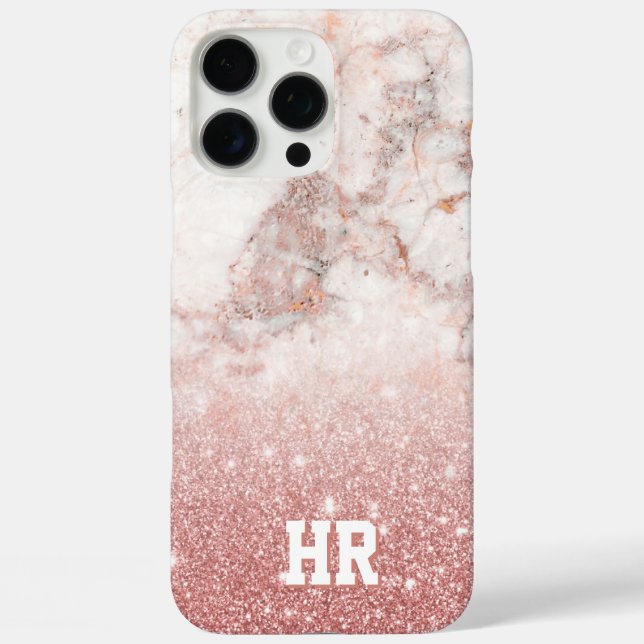 Monogram Faux Rose Gold Glitter White Marble Ombre Case-Mate iPhone Case (Back)