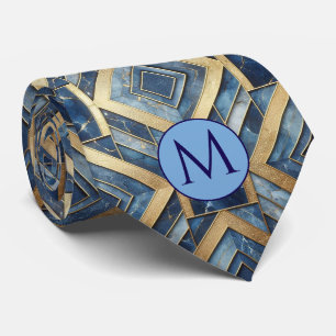 Monogram Faux Silk Neck Tie Blue + Gold Marble