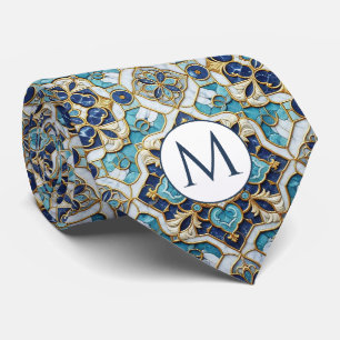 Monogram Faux Silk Neck Tie Blue + Gold Marble