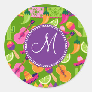Monogram Fiesta Party Sombrero Cactus Limes Pepper Classic Round Sticker