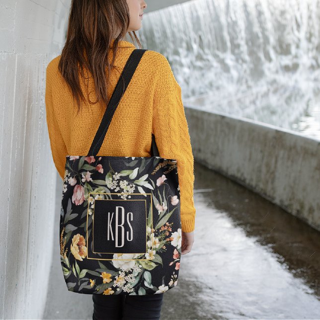 Monogram, Fine Art Florals Black Shoulder Tote  Bag (Creator Uploaded)