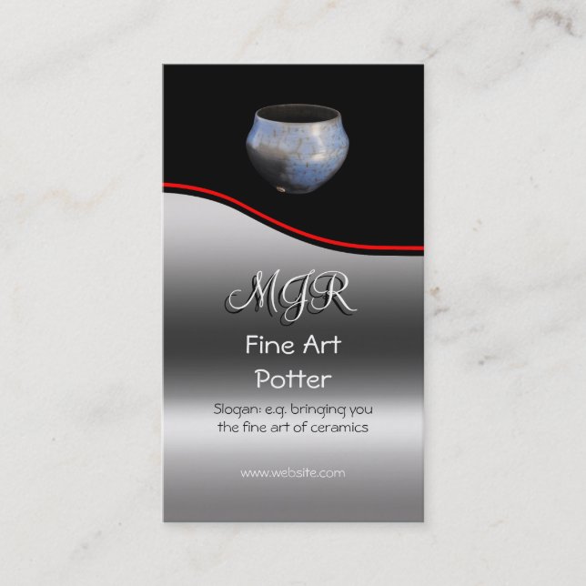 Monogram, Fine Art Potter, red swoosh Business Card (Front)