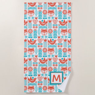 Monogram   Finnish Fox & Bird Folk Art Pattern Beach Towel