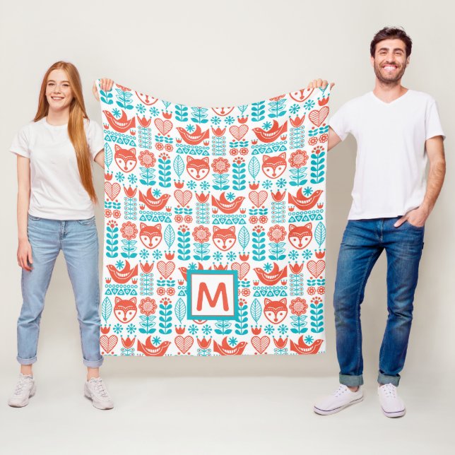 Monogram | Finnish Fox & Bird Folk Art Pattern Fleece Blanket (In Situ)