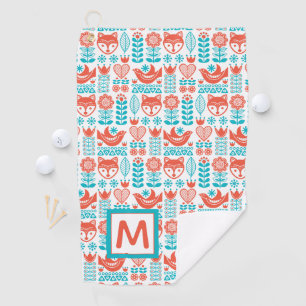 Monogram Finnish Fox & Bird Folk Art Pattern Golf Towel