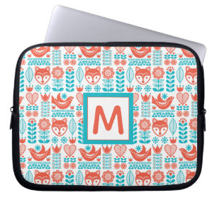 Monogram   Finnish Fox & Bird Folk Art Pattern Laptop Sleeve