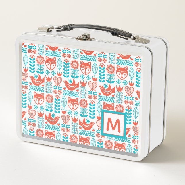Monogram | Finnish Fox & Bird Folk Art Pattern Metal Lunch Box (Front)