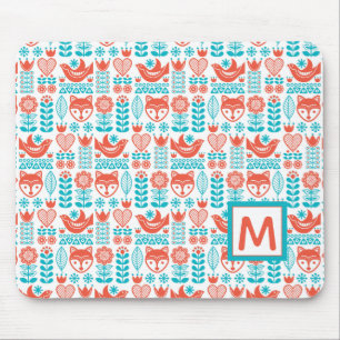 Monogram Finnish Fox & Bird Folk Art Pattern Mouse Pad