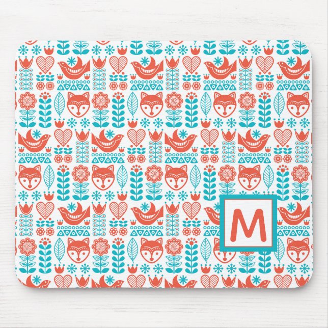Monogram | Finnish Fox & Bird Folk Art Pattern Mouse Pad (Front)