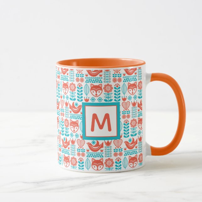 Monogram | Finnish Fox & Bird Folk Art Pattern Mug (Right)