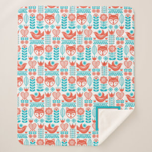 Monogram   Finnish Fox & Bird Folk Art Pattern Sherpa Blanket