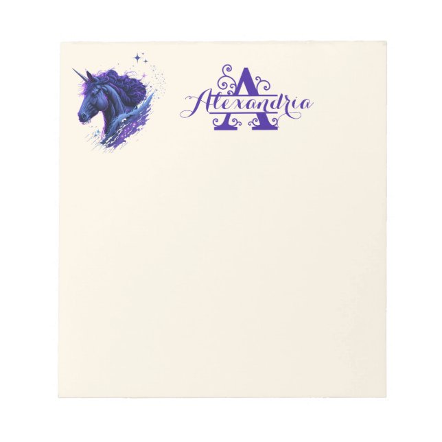 Monogram First Name Blue Purple Unicorn Magic Notepad (Front)