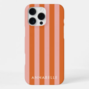 Monogram First Name Pink & Orange Stripes Pattern iPhone 16 Pro Max Case