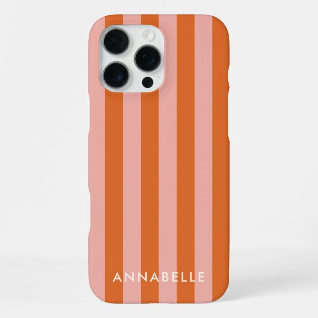 Monogram First Name Pink & Orange Stripes Pattern  iPhone Case (Back)