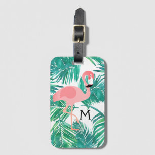 monogram flamingo design on tropical leaves luggage tag