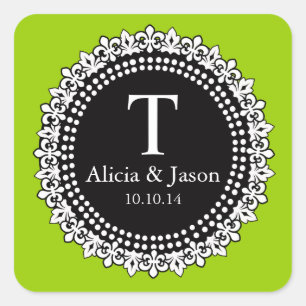 Monogram Fleur de Lis Wedding Favour Sticker Green