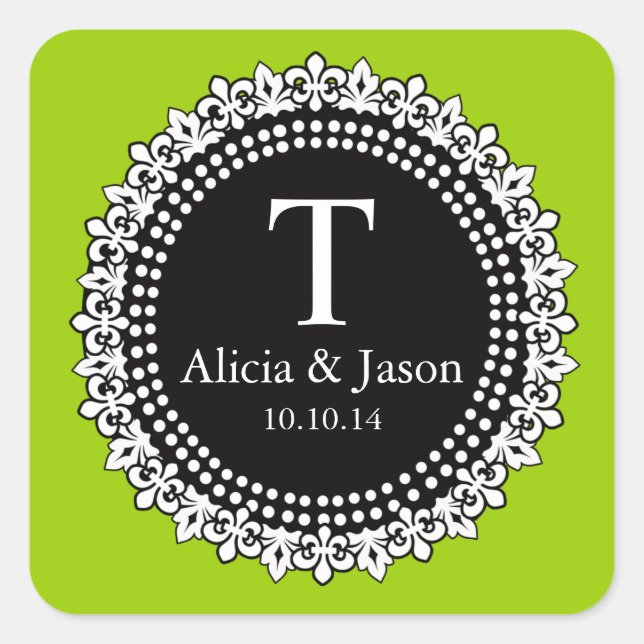 Monogram Fleur de Lis Wedding Favour Sticker Green (Front)