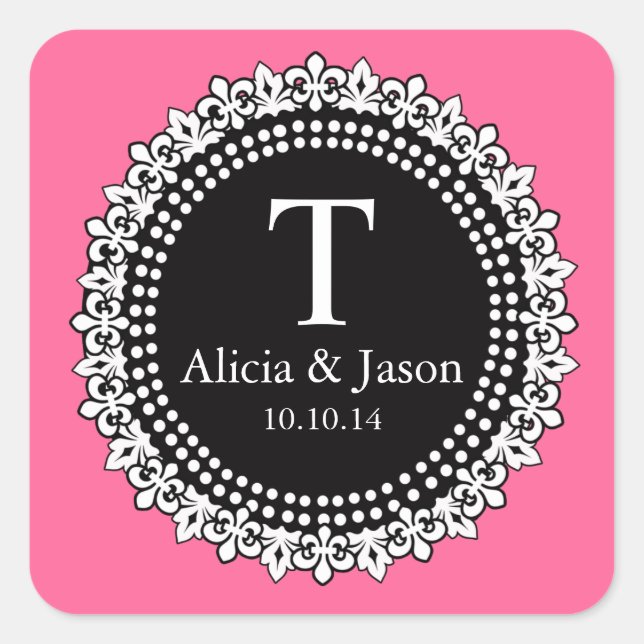 Monogram Fleur de Lis Wedding Favour Sticker Pink (Front)