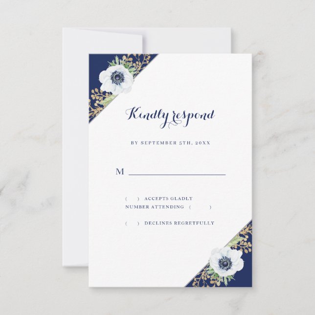 Monogram Floral Anemone Blue White Wedding RSVP Card (Front)