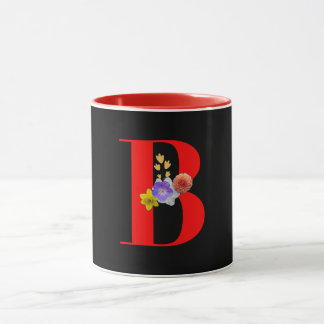 Monogram Floral B Red Inside Black  Mug