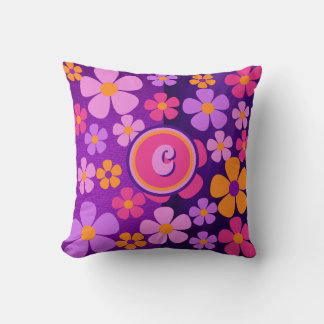 Monogram Floral Blossom Burst Vibrant  Throw Pillow