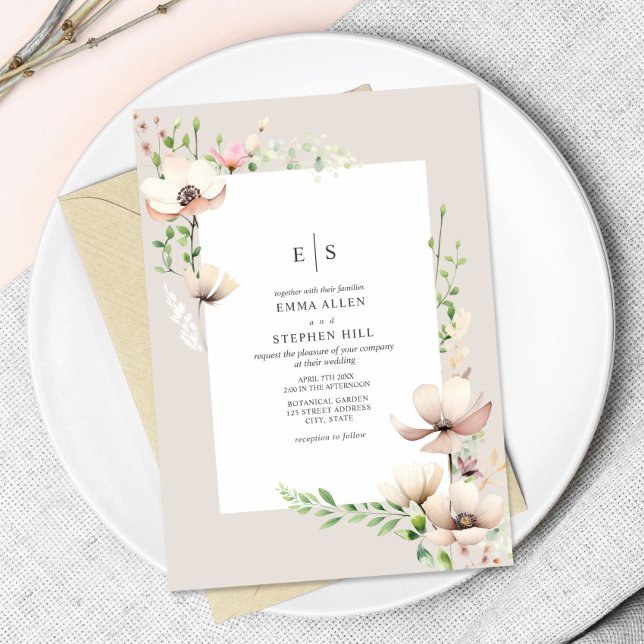 Monogram Floral Blush Off White Botanical Wedding Invitation (Creator Uploaded)